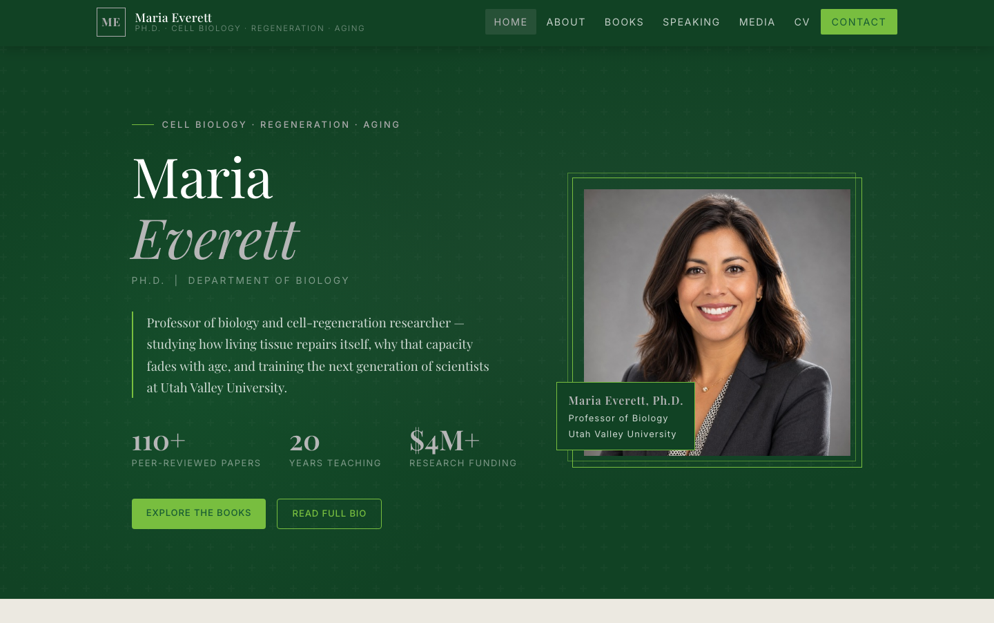 Example Scholar Profile — a professor's homepage with hero portrait, biography, and highlights